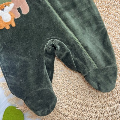Macacão em Plush com Abertura em Zíper Ursinho e Raposa - Verde Musgo